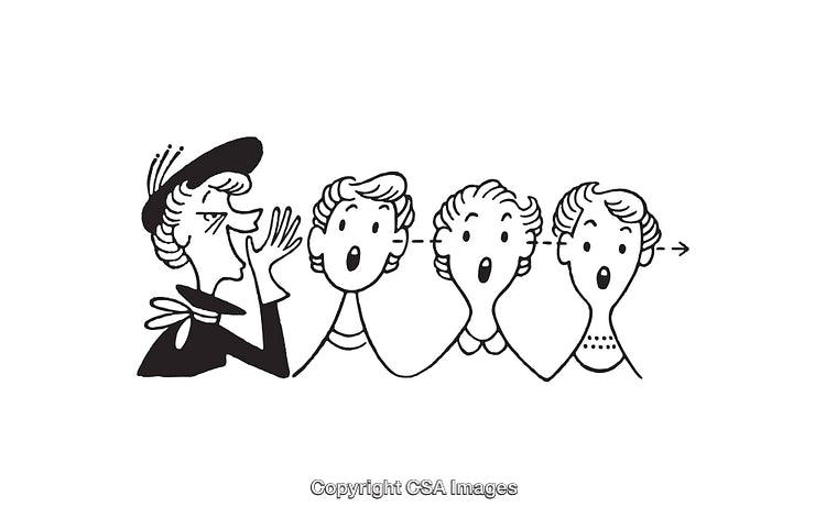 Black and White Illustration Showing Gossip Chain with Multiple Characters