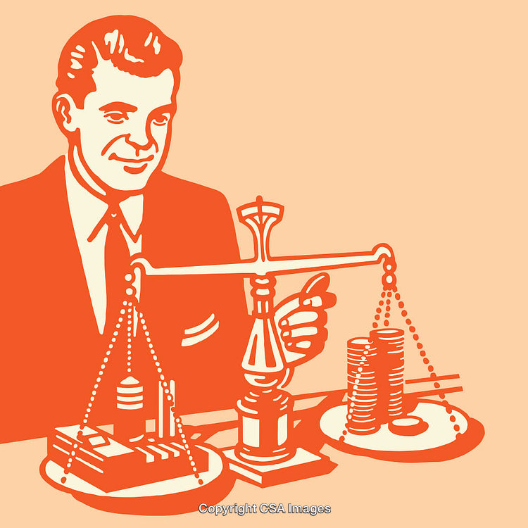 Scale Balancing Wealth and Industry in Retro Style Line Art