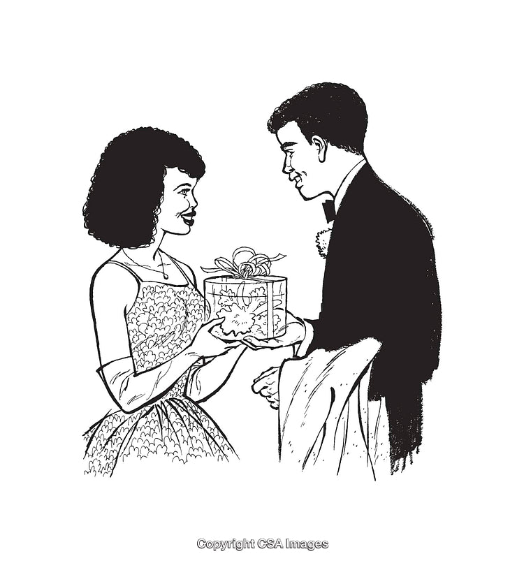Black and White Line Art Depicting Gift Exchange During Formal Event