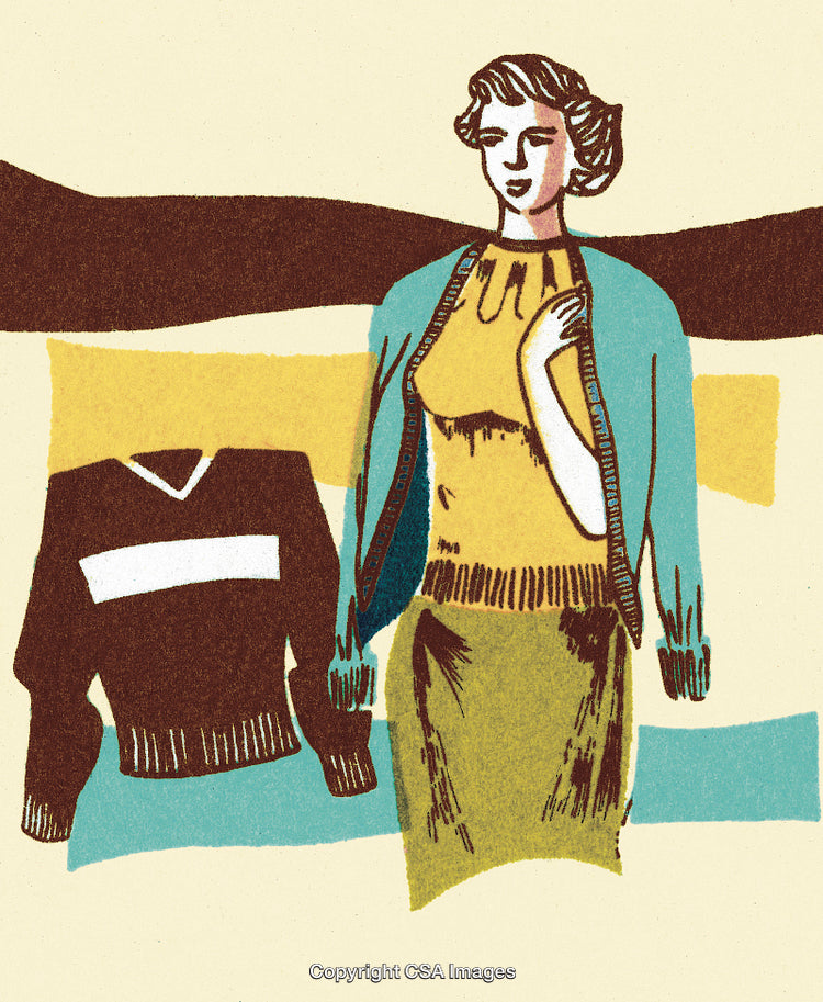 Vintage Woman Illustration with Fashionable Attire and Sweater Display