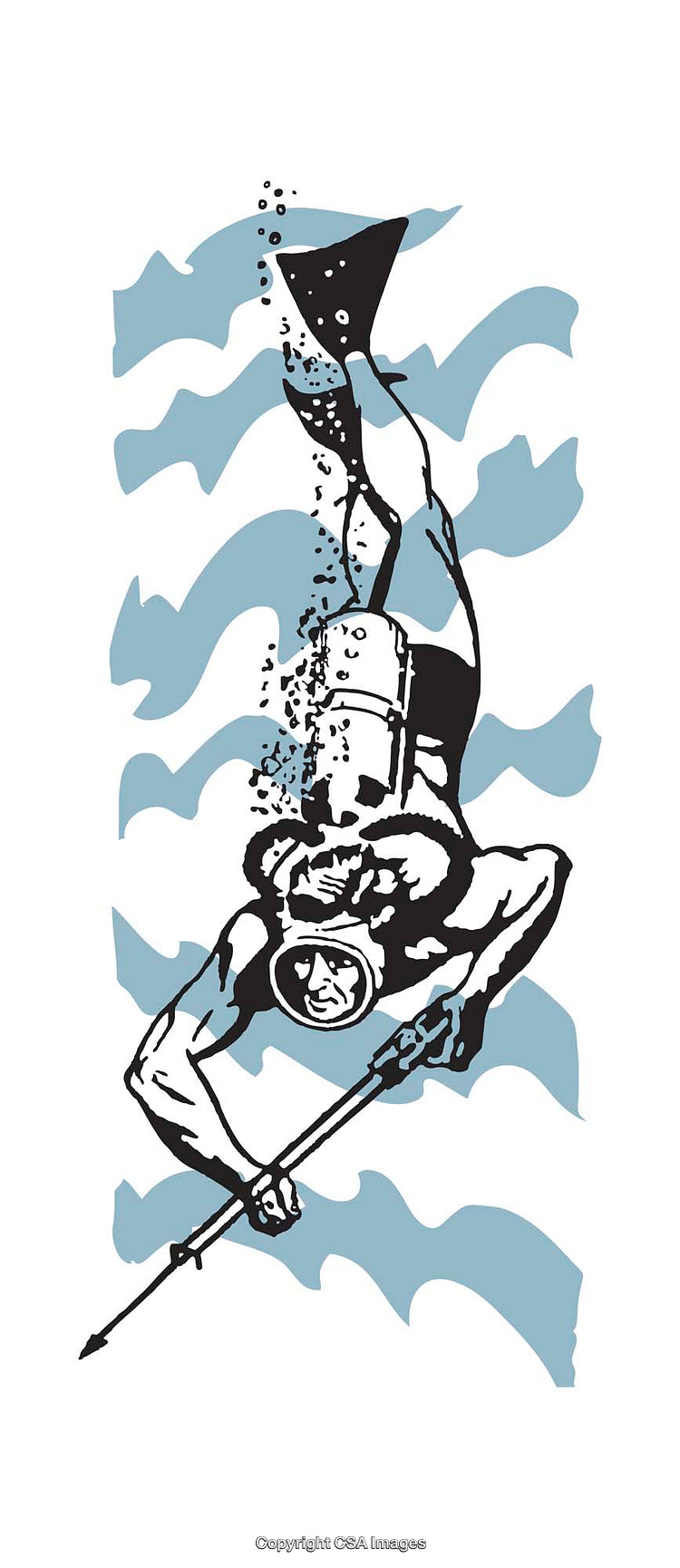 Illustration of a Diver Spearfishing Underwater Against a Wave Graphic