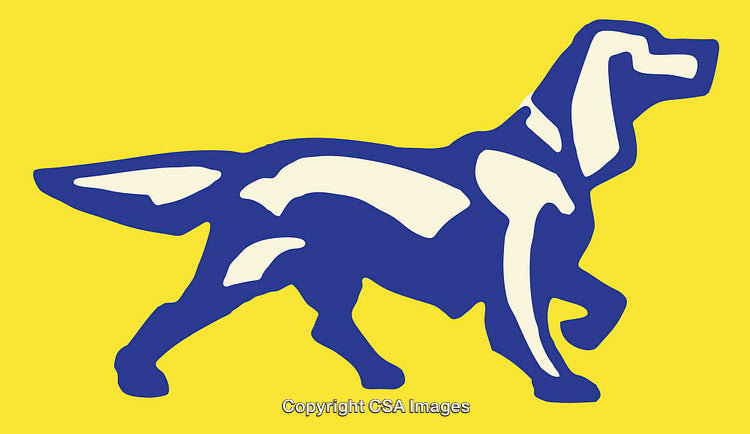 Stylized Blue Dog Illustration on a Bright Yellow Background