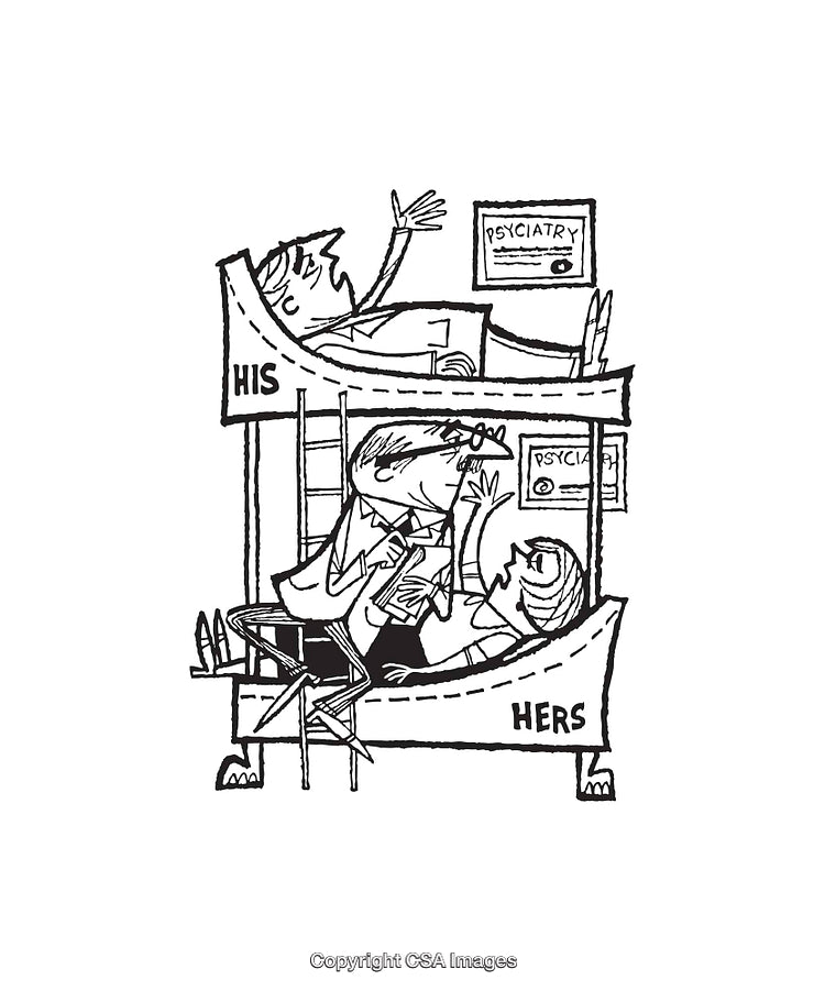 Cartoon Depicting Psychiatry in a Humorous Black and White Line Art Style