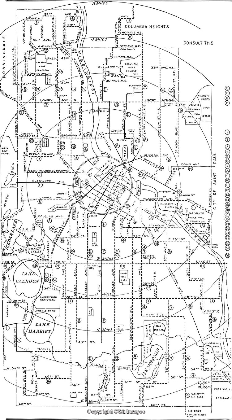 Vintage Black-and-White Map of Minneapolis and Surrounding Districts