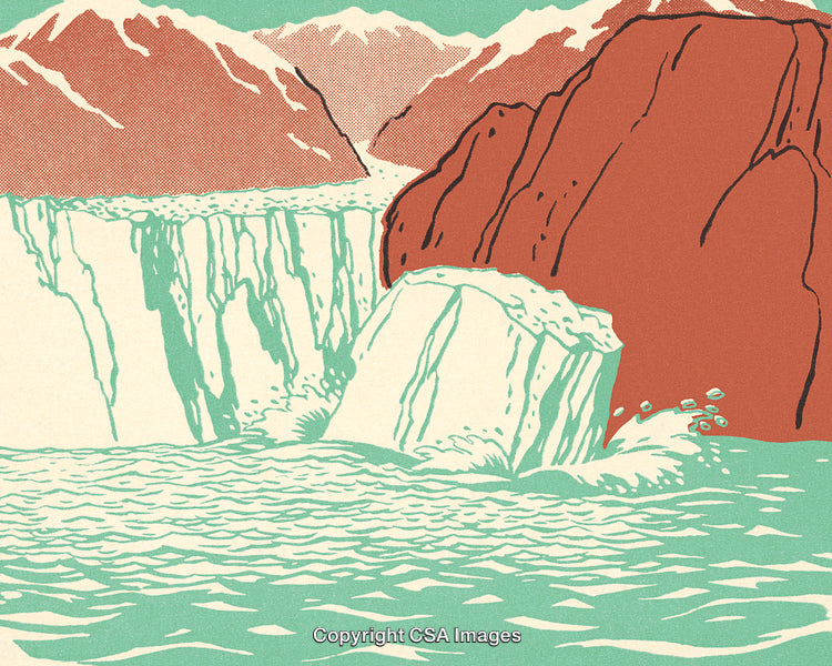 Scenic Glacier and Mountainous Landscape Rendered in a Retro Art Style