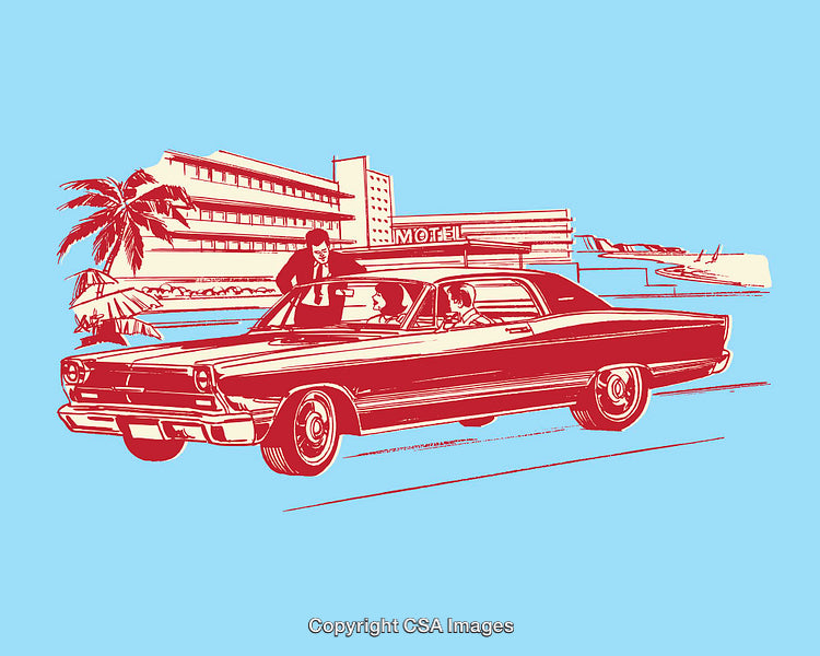 Retro Illustration of a Classic Car Outside a Mid-Century Motel