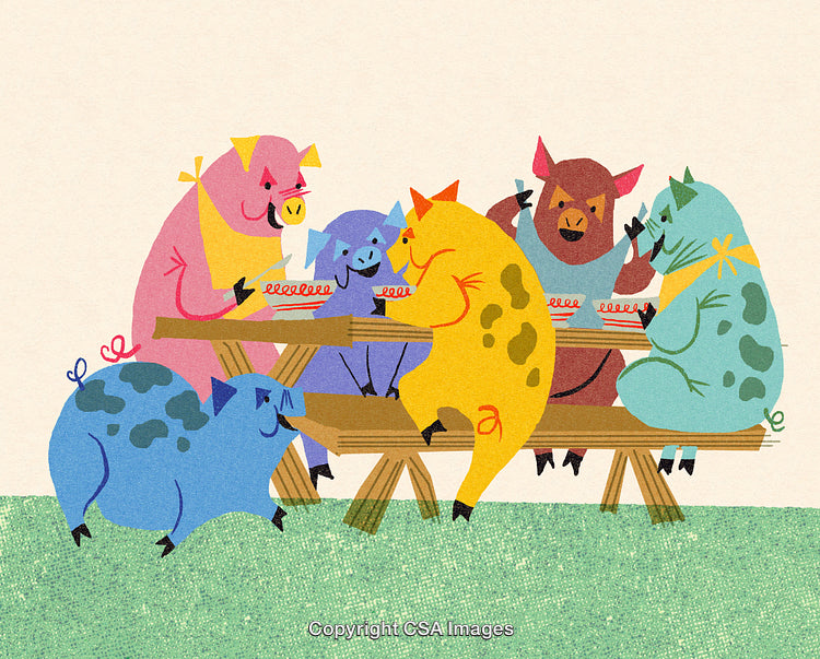 Whimsical Illustration of Colorful Pigs Enjoying a Social Gathering at a Picnic Table