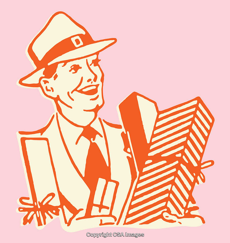 Vintage Businessman Illustration Carrying Presents in Bold Line Art Style