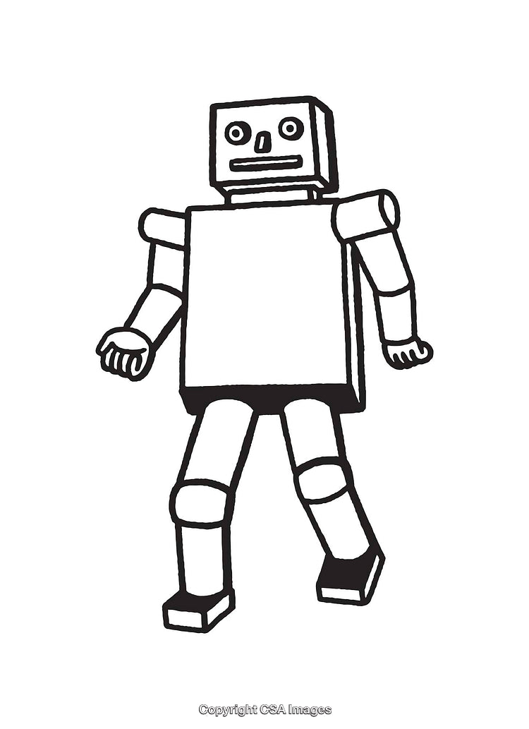 Black and White Line Art Illustration of a Walking Robot Icon