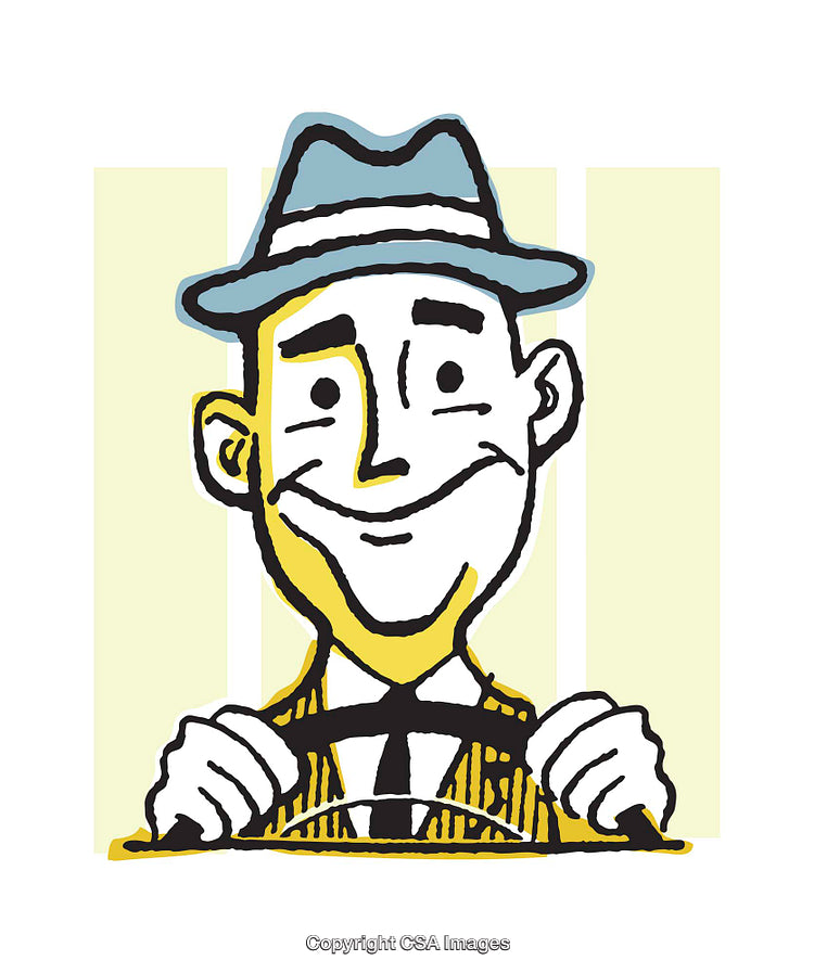 Vintage Style Drawing of Smiling Driver With Steering Wheel