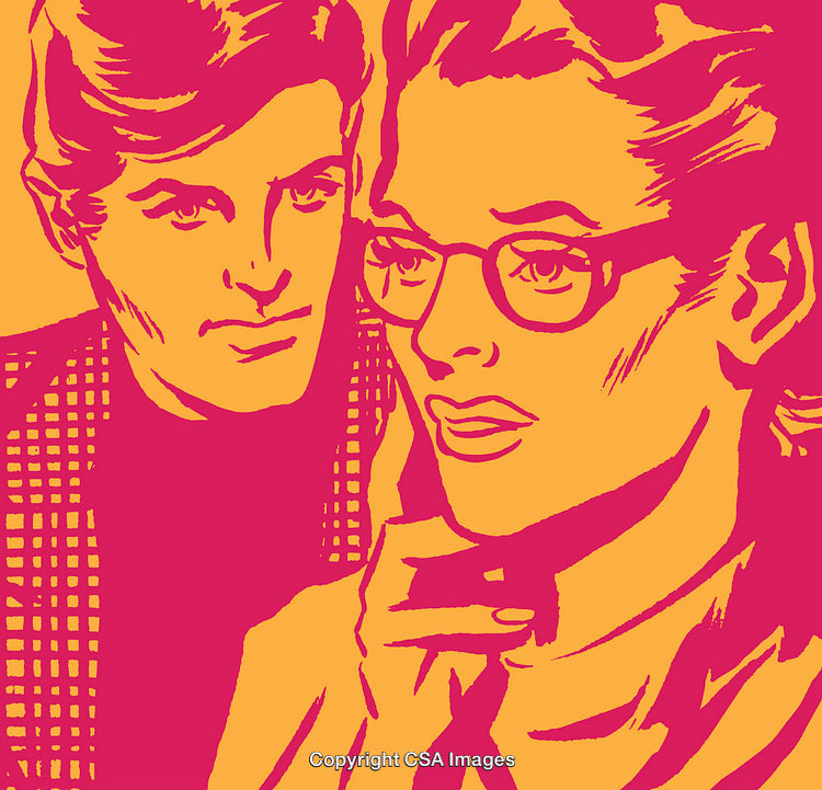 Retro Illustrated Portrait of Two Figures in Bold Colors and Thoughtful Expressions