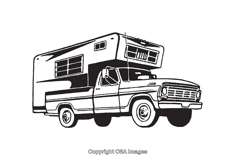 Classic Camper Truck Line Art Illustration in Black and White