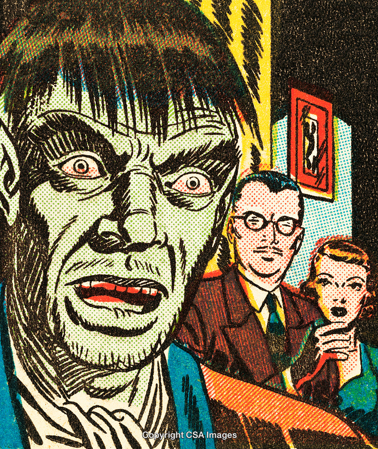 Vintage Comic Style Illustration of Characters in Dramatic Scene