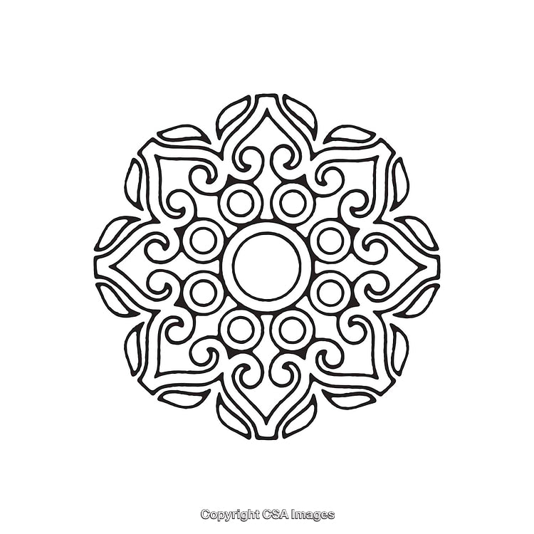Intricate Black and White Decorative Mandala Shape Illustration on a White Background
