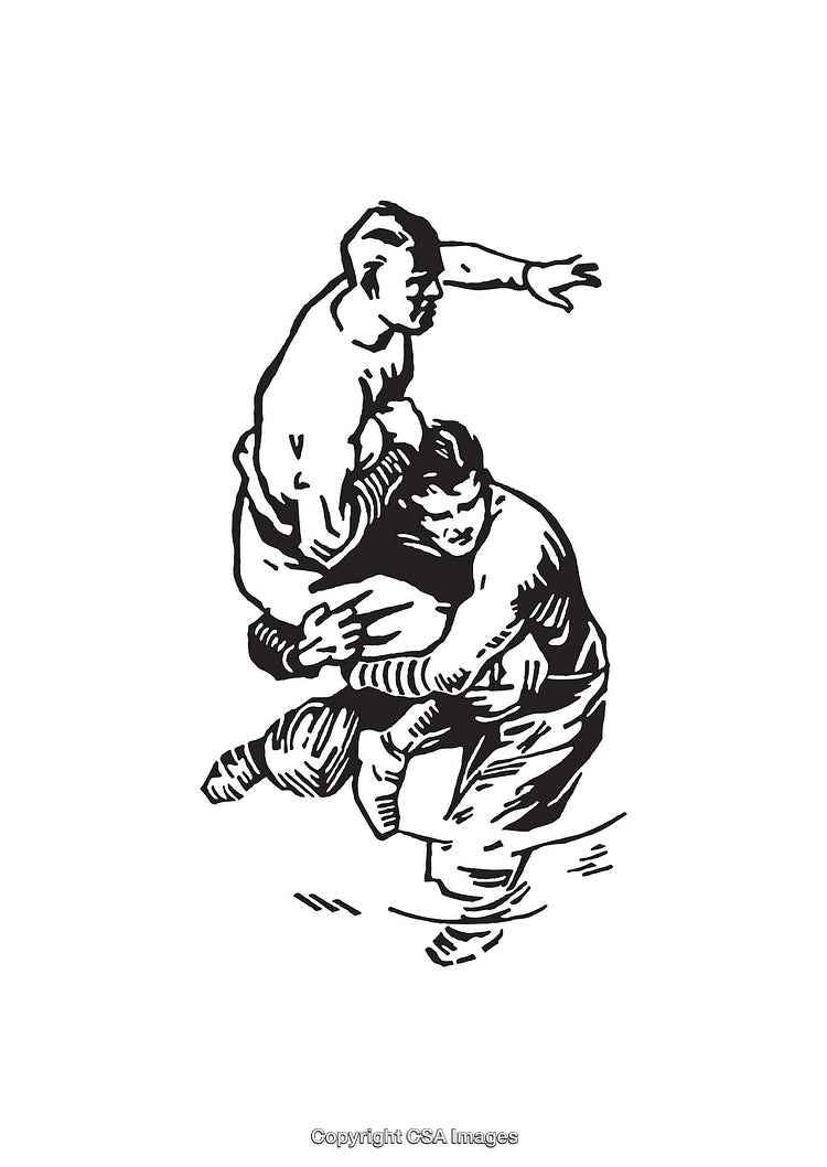 Vintage Black And White Illustration of Wrestling Pose in Action