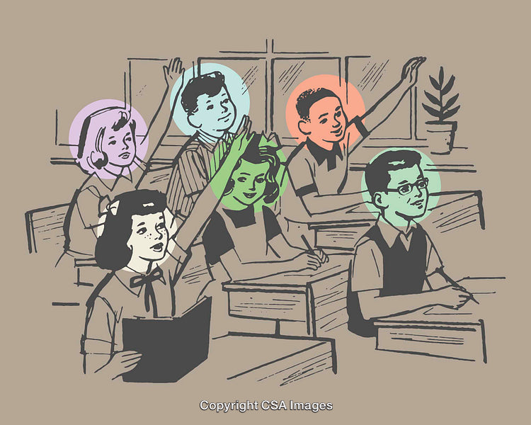 Vintage Styled Classroom Scene With Children Raising Hands