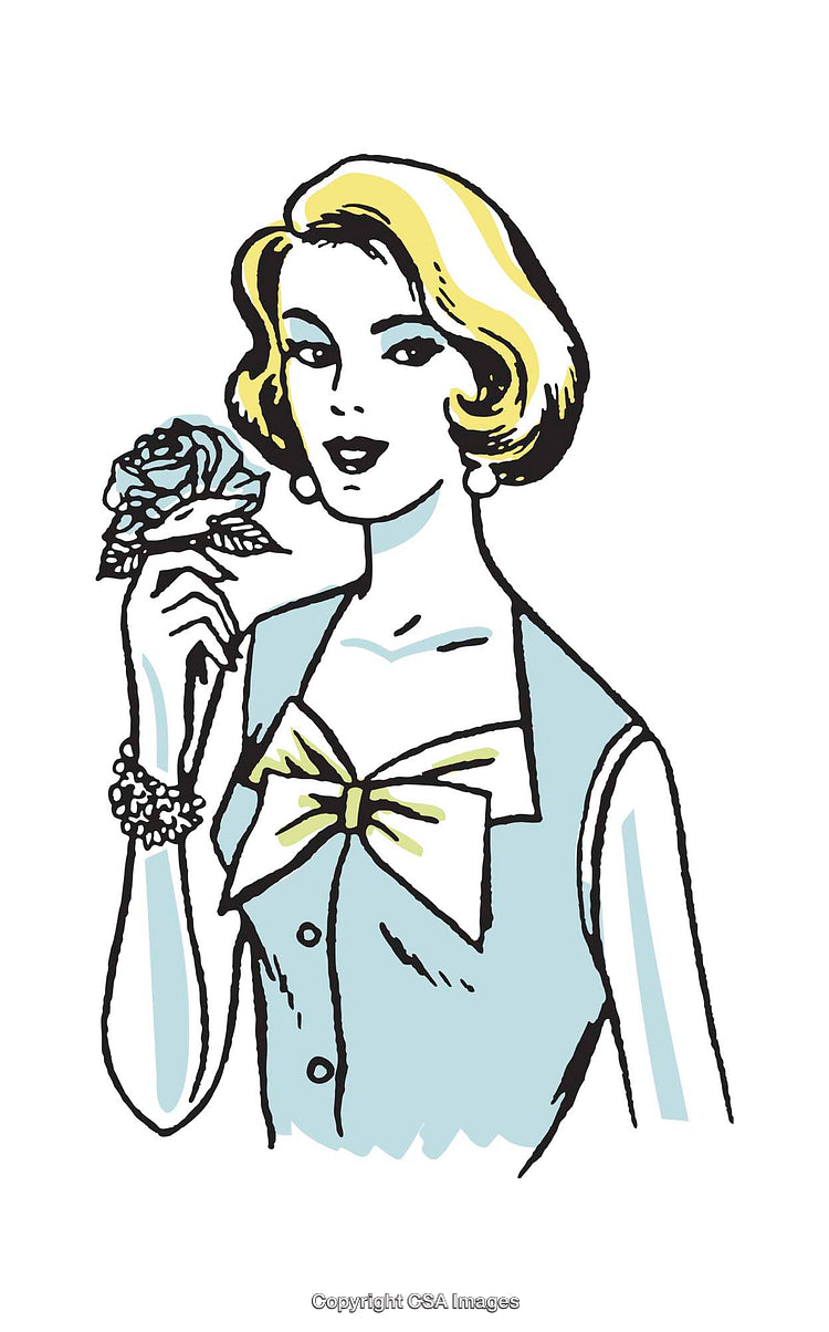 Retro Styled Color Illustration of a Woman Holding a Flower
