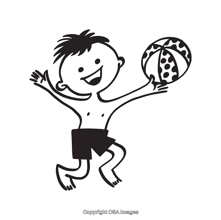 Playful Boy Tossing a Ball in Black and White Illustration
