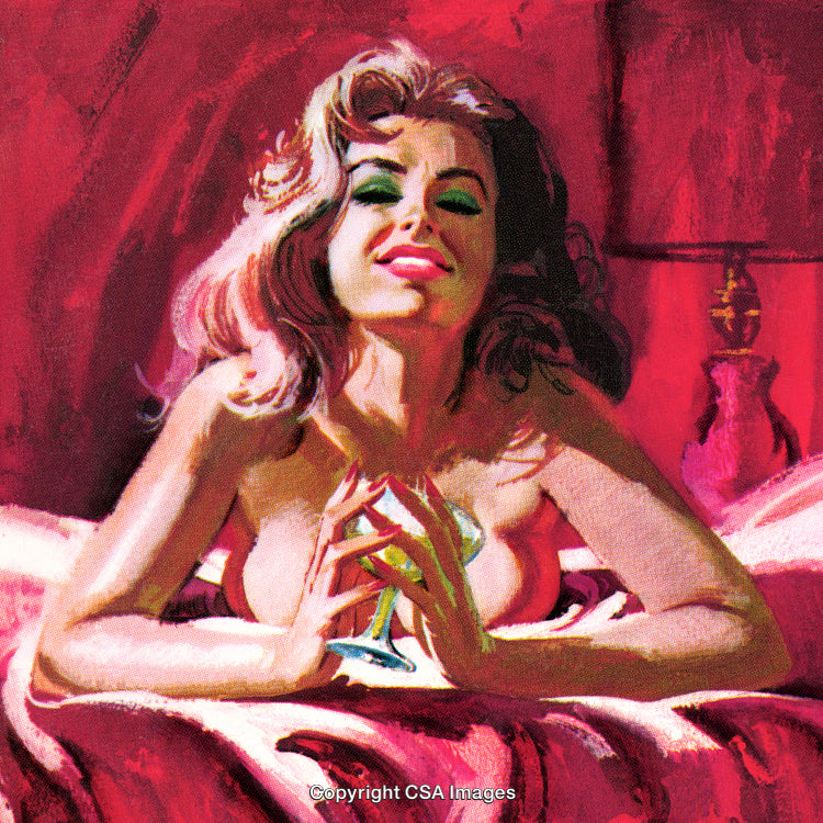 Elegant Retro Style Illustration of a Woman Relaxing with a Martini Glass
