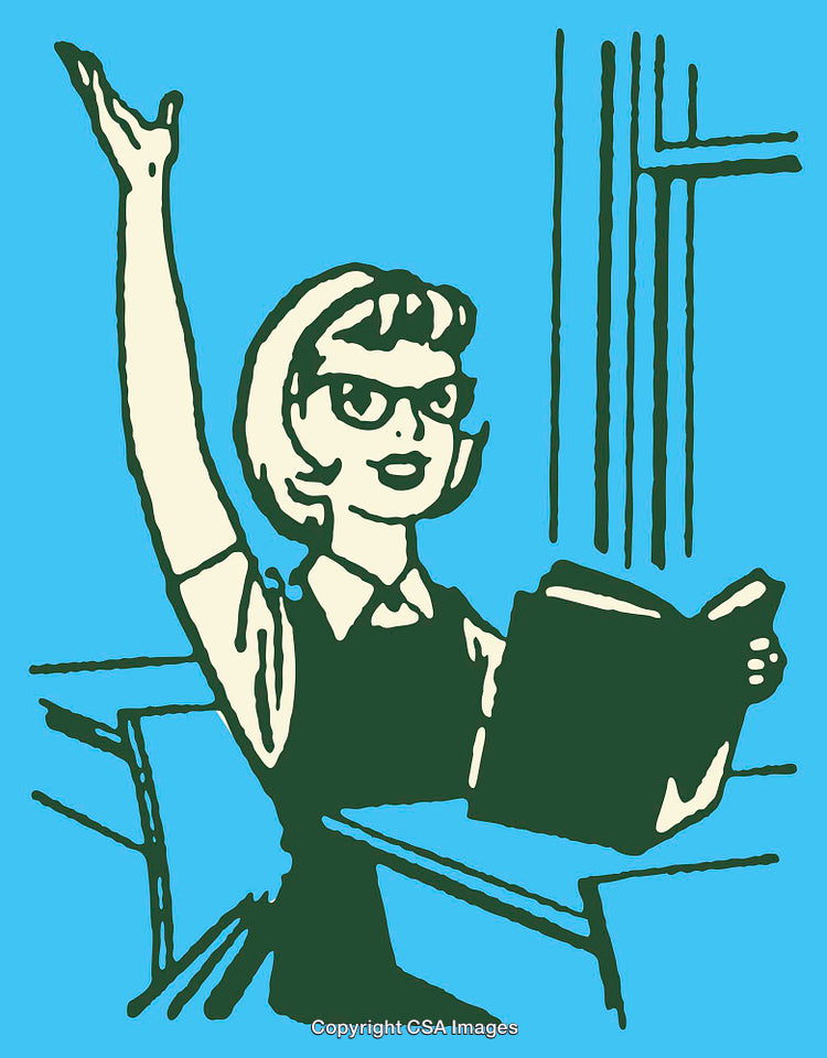 Retro-Style Illustration of a Woman Reading with Hand Raised in Excitement