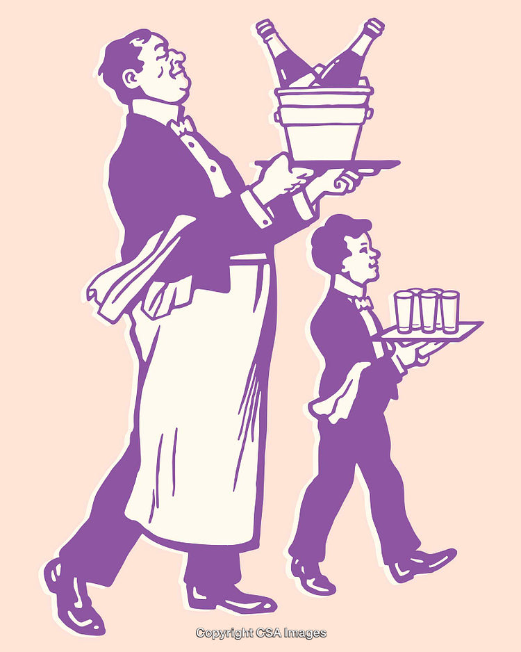 Vintage Illustration of Waiters Carrying Drinks in Stylized Line Art