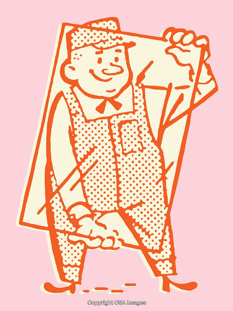 Vintage Illustration of a Cheerful Worker Holding a Large Canvas