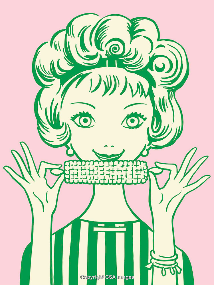 Retro Style Line Art Illustration of Woman Eating Corn on the Cob