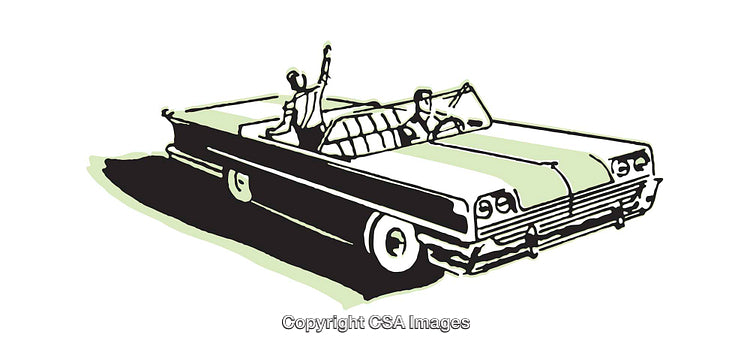 Retro Illustration of a Convertible with Relaxing Figures in Minimalist Style