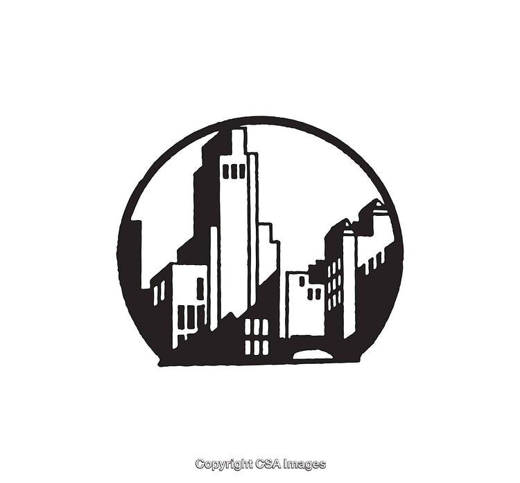 Black and White Line Art of City Skyline in a Circular Frame