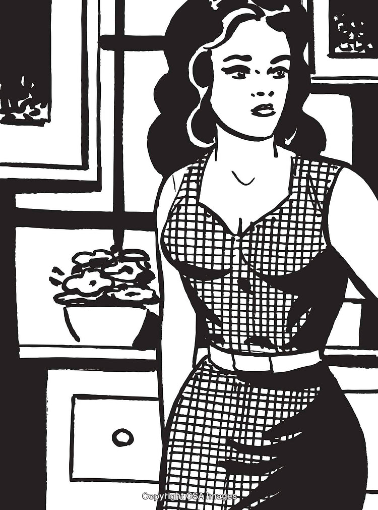 Vintage Comic Style Woman Illustration in Monochrome with Graphic Background Details