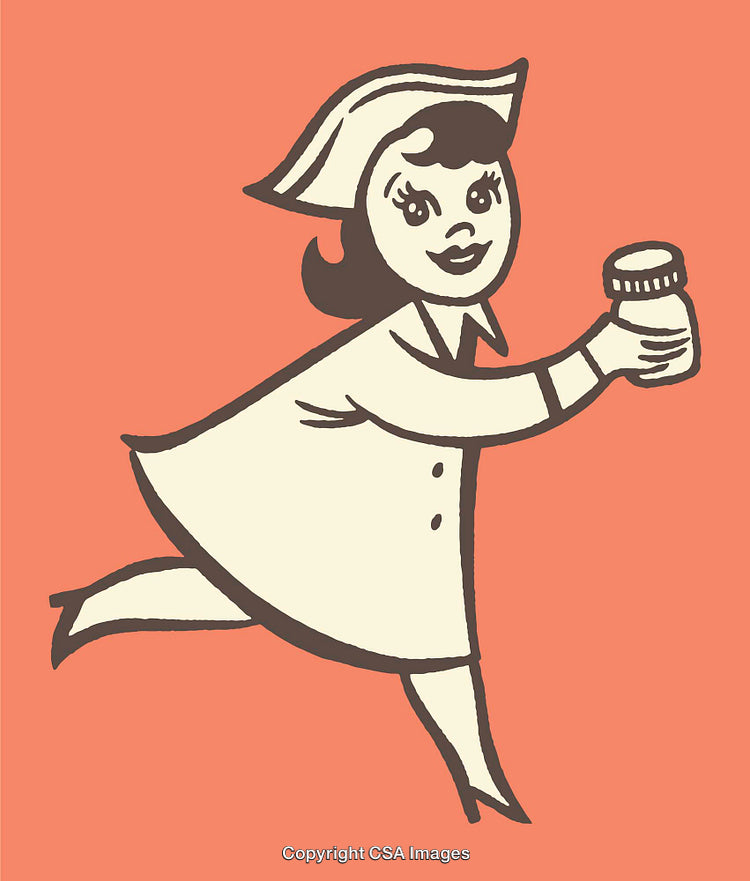 Retro Nurse Illustration with Medicine Jar in Vintage Style Art