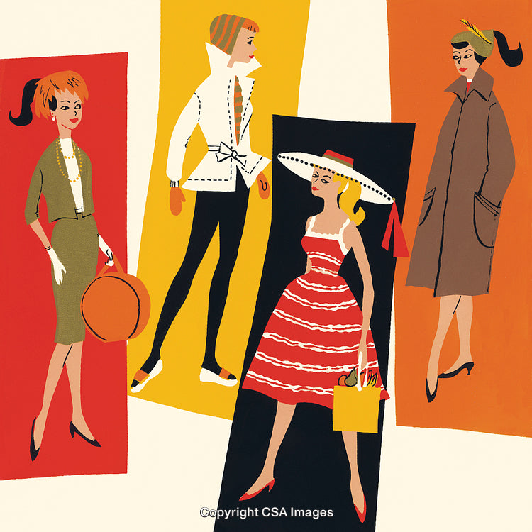 Retro Illustration of Fashionable Women in Vintage Attire and Unique Styles