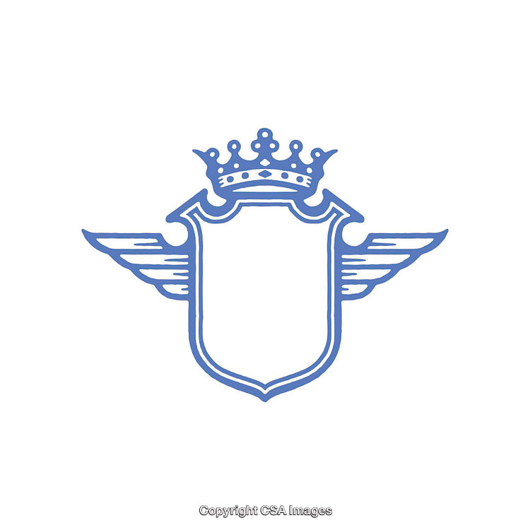 Blue Vintage Heraldic Crest With Crown and Wings on White Background