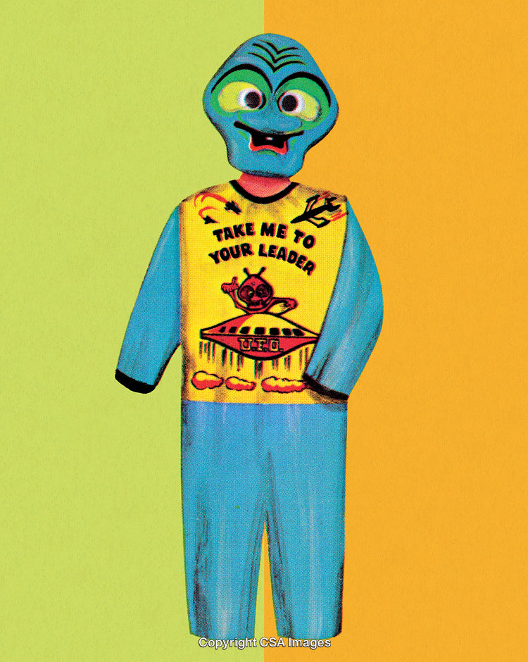 Retro Alien Costume Featuring UFO Design and Extraterrestrial Graphics