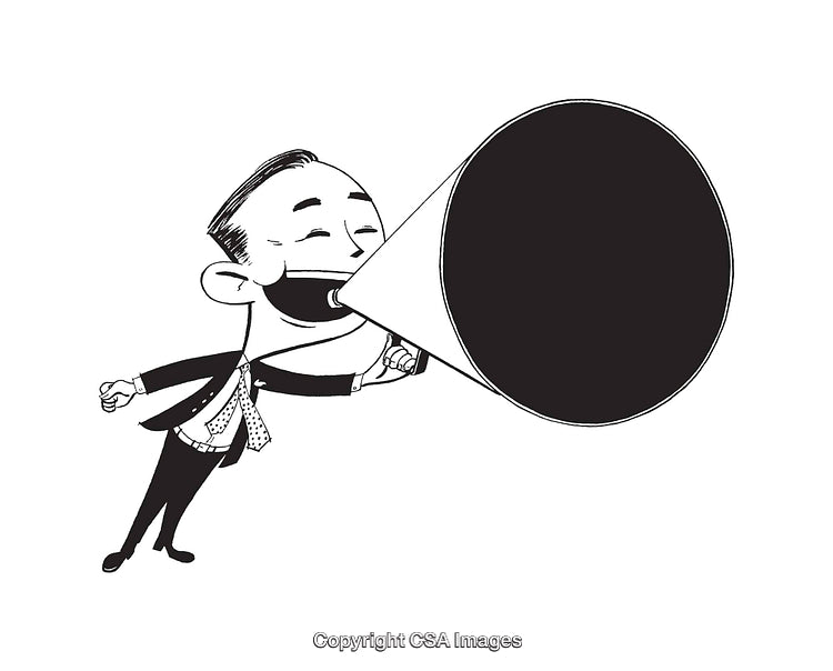 Black and White Illustration of a Businessman Shouting with a Megaphone