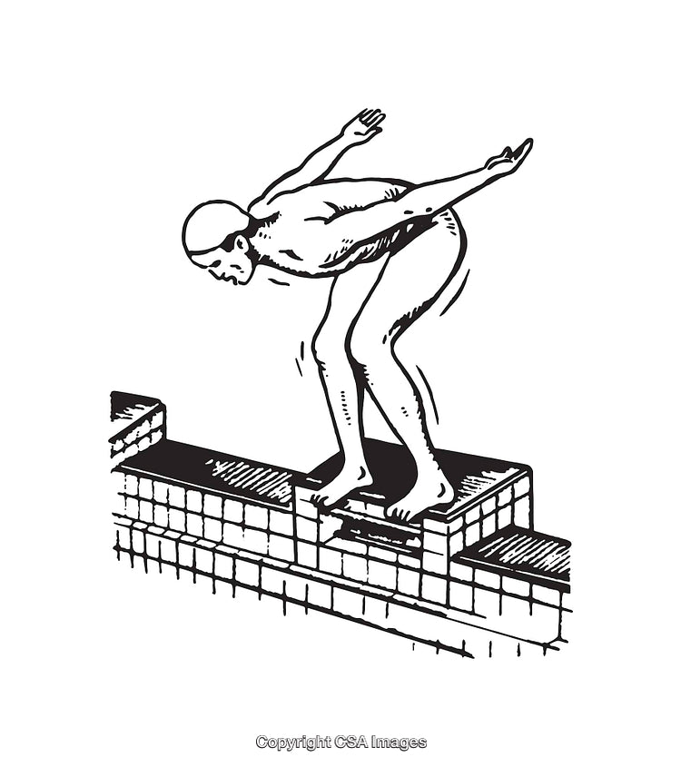 Black and White Illustration of a Diver Preparing to Dive