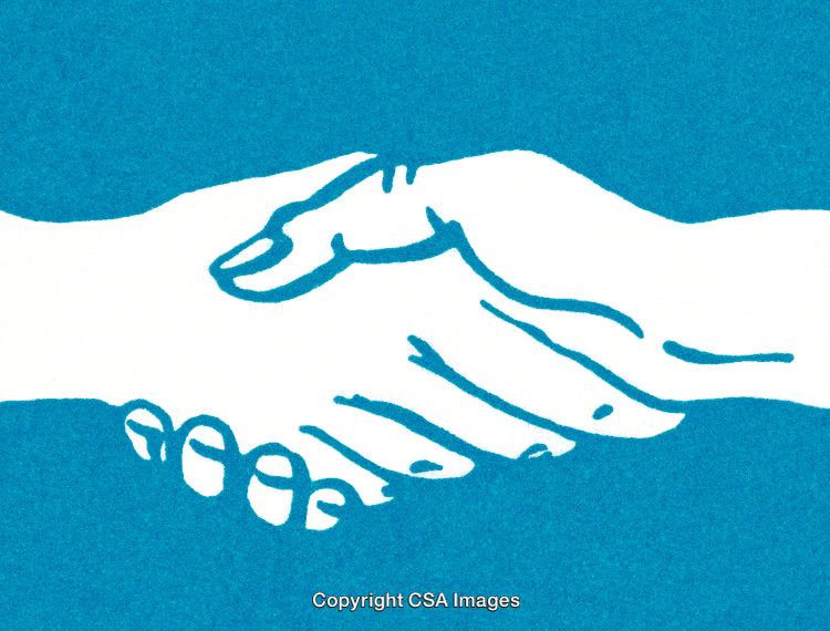 Illustrated Blue and White Graphic of a Handshake Symbolizing Partnership
