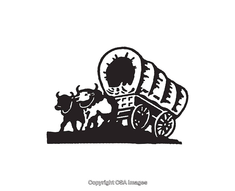 Black and White Line Art of Covered Wagon with Oxen Pulling