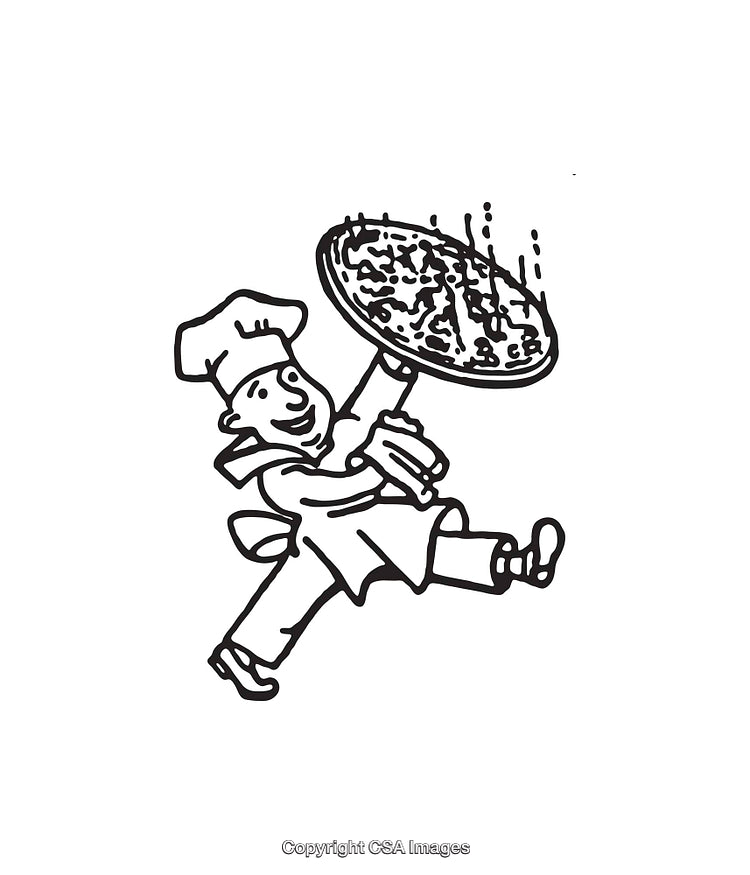 Cheerful Chef Tossing Pizza into the Air in Fun Line Art Style