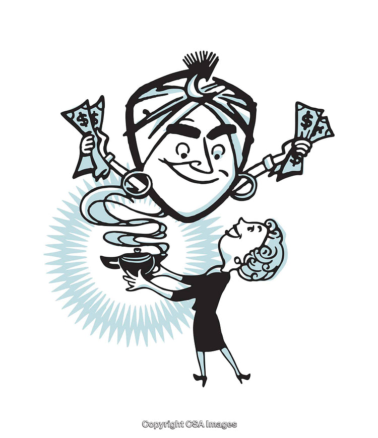 Whimsical Genie Granting Money to a Delighted Woman With a Glowing Lamp