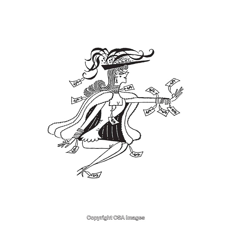 Elegant Woman in Hat Surrounded by Money in Whimsical Line Art