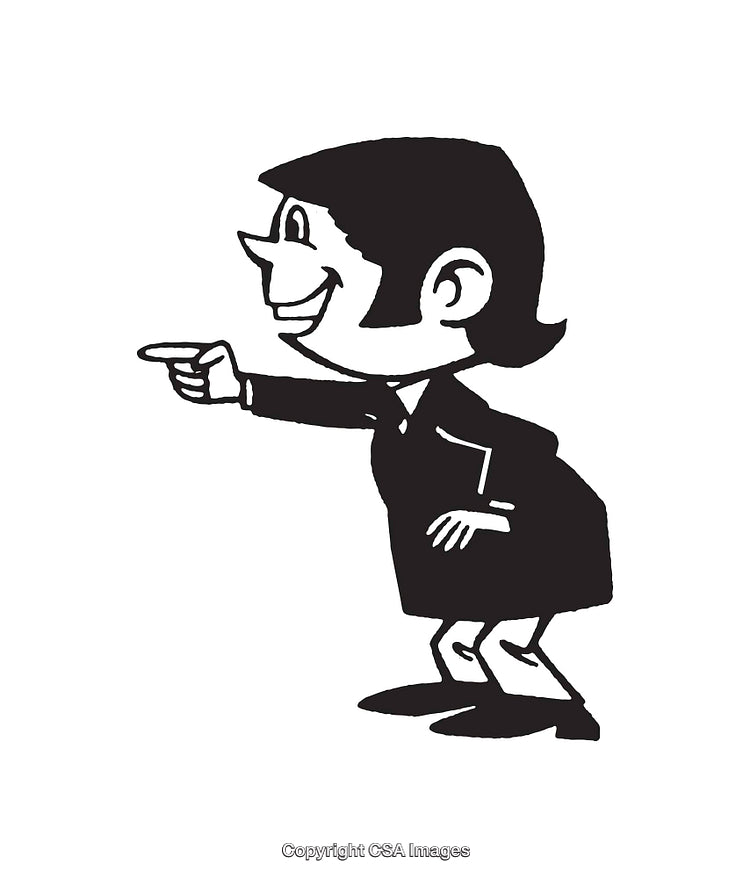 Black and White Illustration of a Smiling Businesswoman Pointing