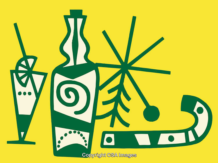 Green Line Art Illustration of Drinks and Decorations on Yellow Background