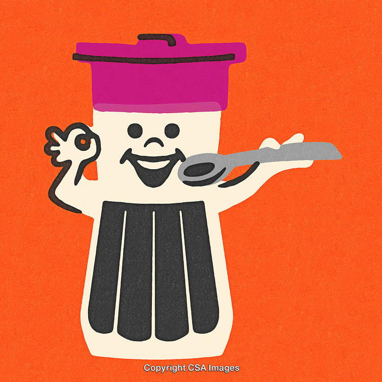 Illustrated Smiling Kitchen Utensil with Saucepan Hat and Orange Background