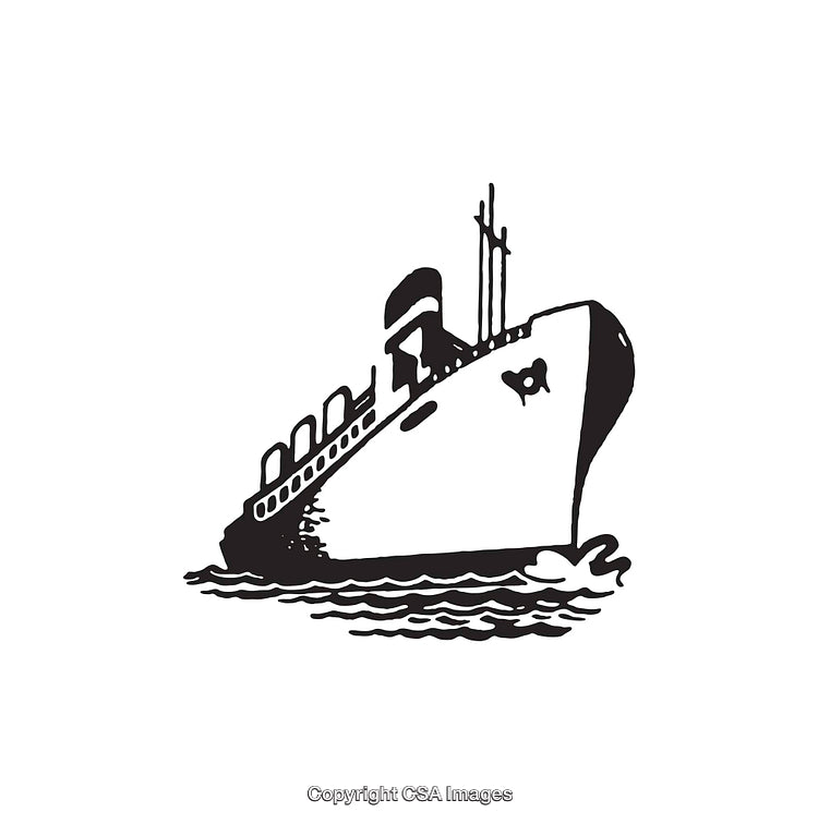 Black and White Line Art of a Passenger Ship at Sea