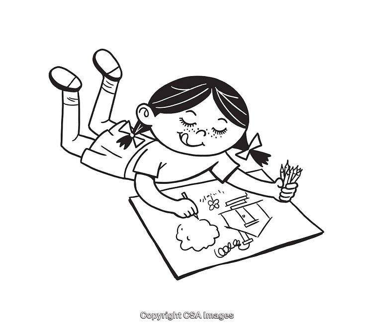 Black and White Drawing of a Girl Creating an Artistic Illustration