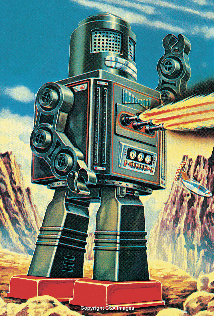 Retro Illustration of Giant Robot Shooting Lasers on Alien Planet