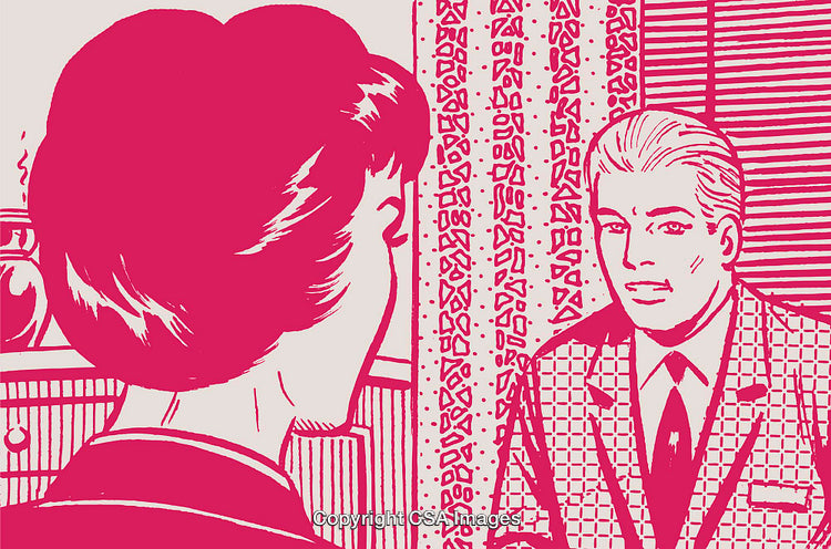 Retro Styled Illustration of a Conversation in a Professional Setting