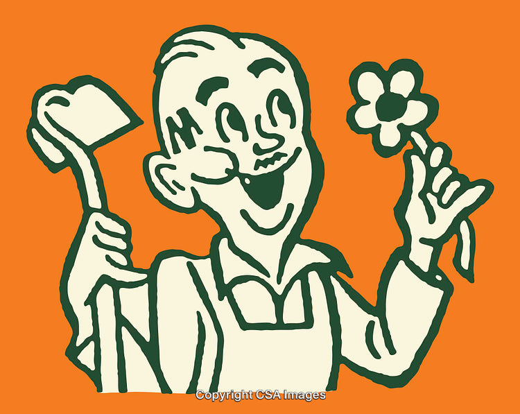 Colorful Cartoon Illustration of a Happy Gardener with Tools and Flower