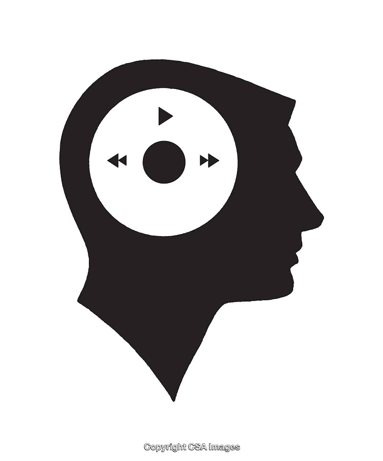 Silhouette of Head Incorporating Media Player Controls in Black and White